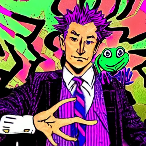 Image similar to yoshikage kira as a frog reverting time, 8 k, trippy, cosmic, time, stand