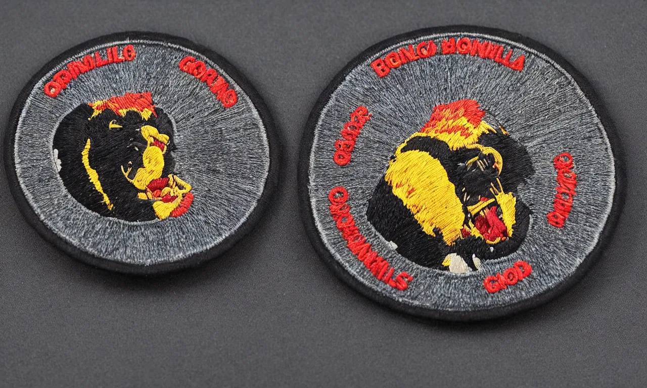 Prompt: a gorilla breaking lighting bolts. round, circular embroidered us radar corps patch 8 k /