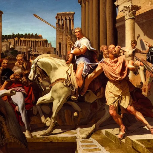 Prompt: Jerma985 in Ancient Rome, detailed, highly detailed, heroic, epic, complex, very detailed, realistic, HD quality, 8k resolution, body and headshot, Oil Painting, Italian Renaissance Painting of Jerma985, Italian Renaissance Painting Style, Renaissance Painting Style, Painting, Trending on Artstation