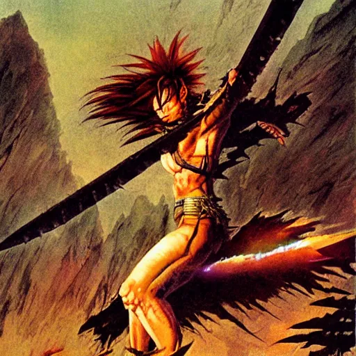 Image similar to Savage battlescarred Saiyan warrior girl, cavewoman, wild spiky black electrified hair, pelt, torn clothing, savage cloak, scars of battle, bloody, electrical aura, scimitar, primeval fantasy, prehistoric fantasy, orcs, goblins attacking, 1980s pulp fantasy, art by Frank Frazetta and Boris Vallejo