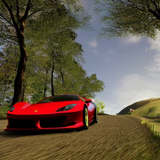 Prompt: forza horizon, ferrari, irish land, grassy terrain, unreal engine, ambient lighting