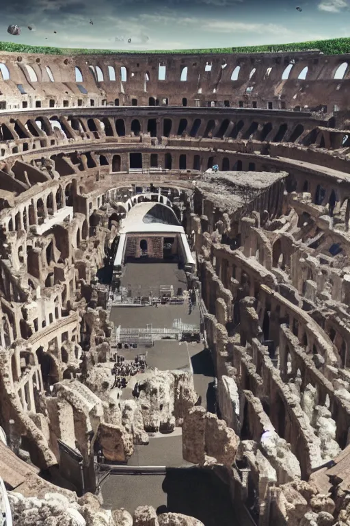 Image similar to a huge ice cream on top of the Colosseum, photorealistic, cinematic lighting, high detail, cinematic feel, high octane, 4K, Unreal Engine