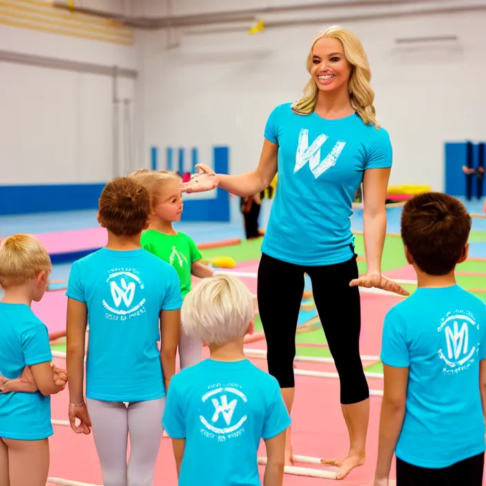 Image similar to blonde ymca gymnastics coach with aquamarine t shirt with y logo on it teaching kids gymnastics, high detail, good lighting