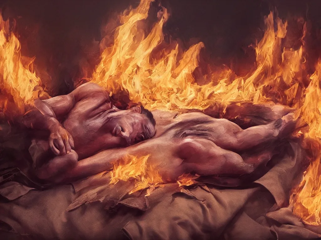 Prompt: extremely detailed digital painting of till lindemann lying on a burning bed, stunning scene, 4 k, realism, bright colors, trending on artstation