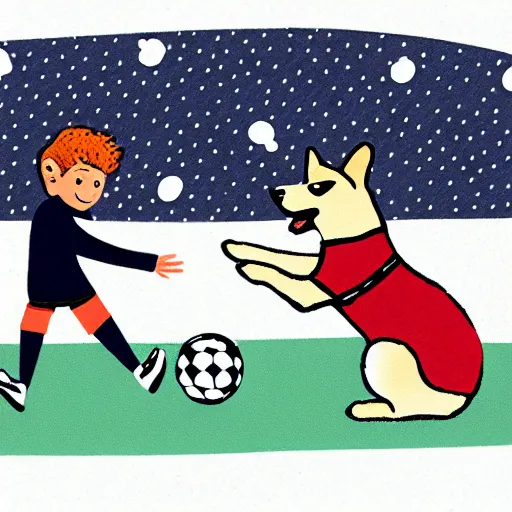 Image similar to illustration of french boy in paris playing football against a corgi who is wearing a polka dot scarf