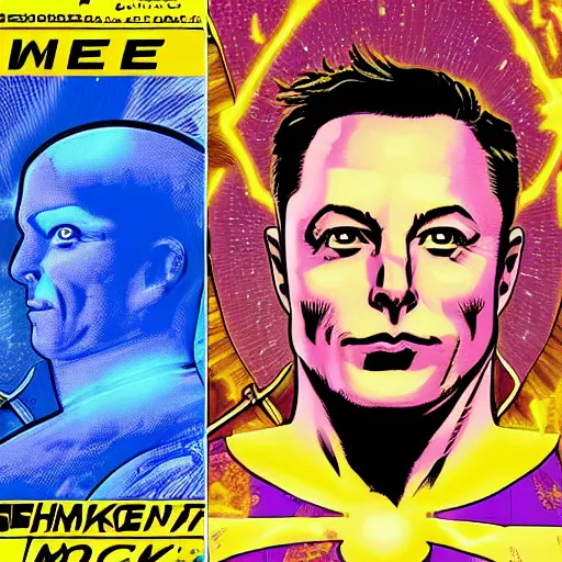 Image similar to a highly detailed digital painting of elon musk as dr. manhattan from watchmen, comic book cover by mark bagley