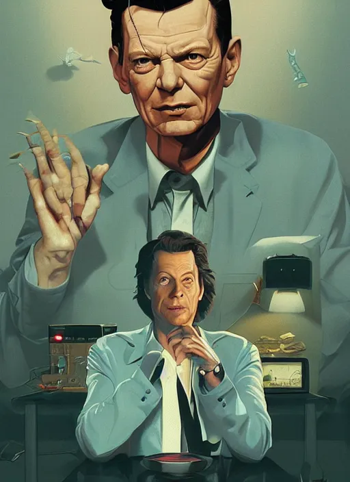 Prompt: Twin Peaks poster artwork by Michael Whelan and Tomer Hanuka, Karol Bak, Rendering of Frank Sinatra, from scene from Twin Peaks, full of details, clean, by Makoto Shinkai and thomas kinkade, Matte painting, trending on artstation and unreal engine