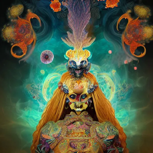 Image similar to 3 d goddess frontal view full body, astral projection, with ram golden skull. beautiful intricately detailed japanese fractal kitsune mask and clasical japanese kimono. betta fish, jellyfish fractal, bio luminescent, plasma, ice, water, wind, creature, mandelbulb, fractal, artwork by tooth wu and wlop and beeple and greg rutkowski