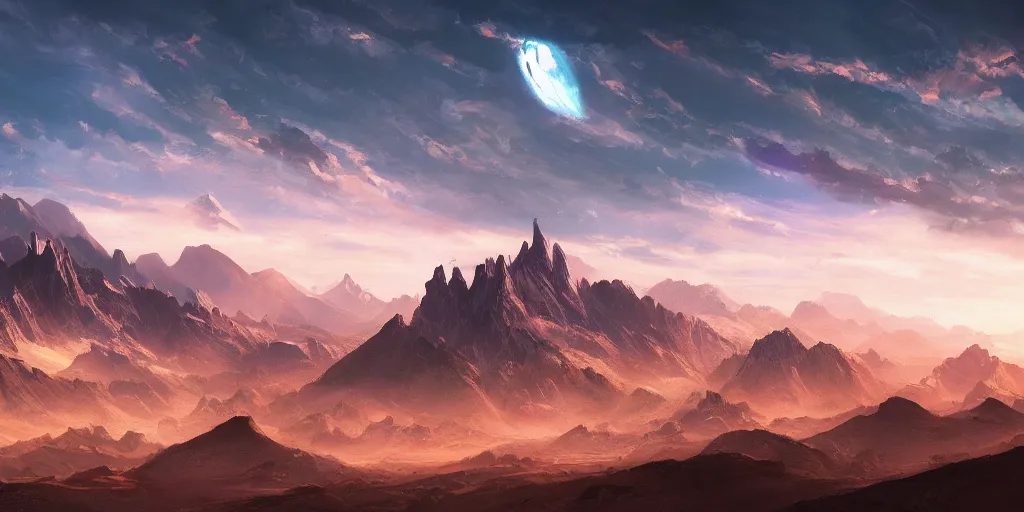 Image similar to The sci-fi landscape with mountains in the background, Sci-Fi fantasy desktop wallpaper, painted, 4k, high detail, sharp focus, wide angle, cinematic composition