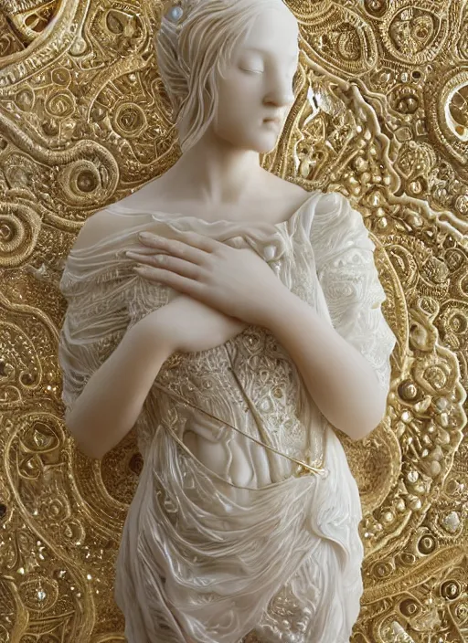 Image similar to romantic marble sculpture of beautiful woman, glistening, mandelbulb, hypercube, ivory carving, fractal paisley inlay, lace, intricate, elegant, highly detailed, gold inlay, metallic, ivory, artgerm, lace, by ruan jia and greg rutkowski