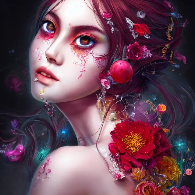 Image similar to studio portrait absurdly beautiful, elegant, lovely, young hypercolorful sensual anime woman rubies red petals gems, ultrafine hyperrealistic detailed face illustration by kim jung gi, irakli nadar, intricate linework, sharp focus, bright colors, matte, octopath traveler, final fantasy, unreal engine highly rendered, global illumination, radiant light, intricate rainbow environment