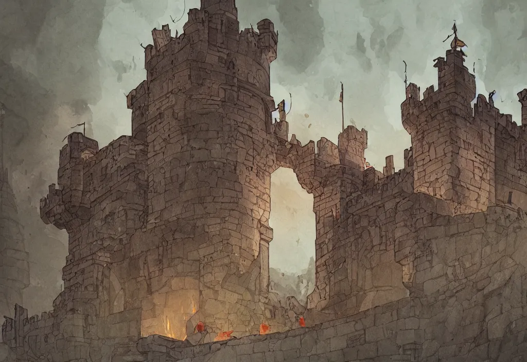 Image similar to handmade illustration of sieged small medieval castle, line art, ink, heavy brushstrokes, smoke and fire here and there, watercolor by Kilian Eng and by Jake Parker, winning-award masterpiece, fantastic, octane render, 8K HD Resolution, High quality image