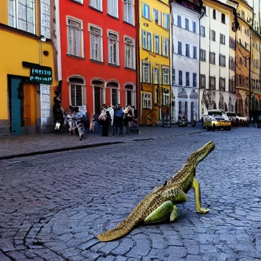 Prompt: a crocodile in the middle of a street in gamla stan, stockholm