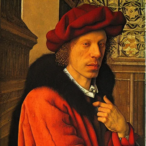 Prompt: portrait of nir levi, oil painting by jan van eyck, northern renaissance art, oil on canvas, wet - on - wet technique, realistic, expressive emotions, intricate textures, illusionistic detail