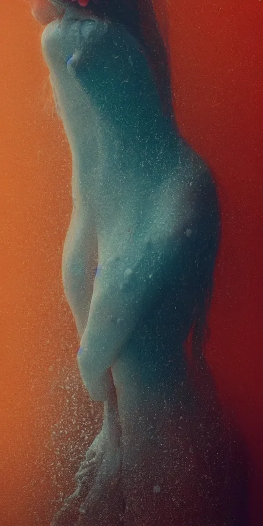 Prompt: a blurry closeup picture, embracing flesh and desire, dripping wet, no face, macro photography, long exposure photograph, surrealism, anamorphic bokeh, cozy, soft light, cyan and orange, caustic, atmospheric fog, octane render, cinematic