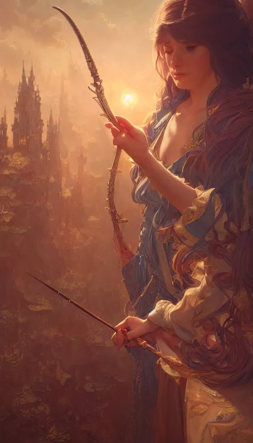 Image similar to magic wand, intricate, highly detailed, digital painting, artstation, concept art, weapon, sharp focus, illustration, Unreal Engine 5, 8K, art by artgerm and greg rutkowski and alphonse mucha