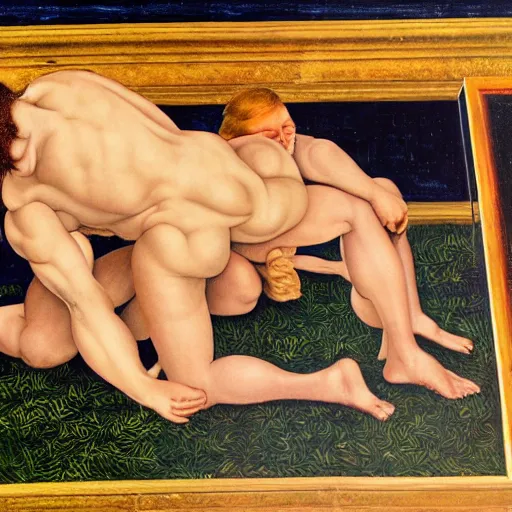 Image similar to conan o'brien and andy richter wrestling, by sandro botticelli, oil on canvas