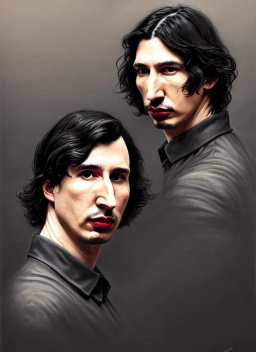 Image similar to painting of both john oliver and adam driver together, john oliver, adam driver, stoic, full body, military uniform, fantasy, intricate, elegant, beautiful, highly detailed, charcoal, centered, dark, smokey, digital painting, concept art, smooth, sharp focus, illustration, art by artgerm, art by greg rutkowski, art by alphonse mucha