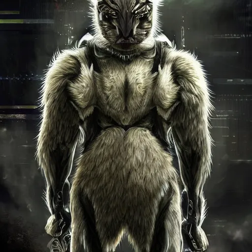 Image similar to a humanoid with cat-like features, yellow eyes, teeth that protrude past the lower lip (sort of like a saber-tooth tiger) and fine grayish fur on their faces and backs of their hands wearing futuristic alien armor and carrying weapons, octane,