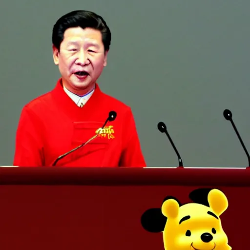 Prompt: Xi Jingping doing a speech dressed as Winnie the Pooh