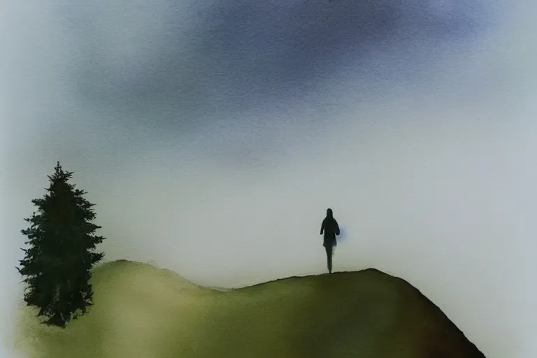 Prompt: beautiful serene walk to the top of the hill to see the wast horizon, healing through motion, life, minimalistic golden and ink airbrush painting on white background, pristine dream