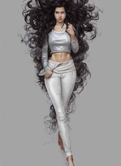 Image similar to girl in very short white! top and very short gray! leather jacket, open belly, long dark curly hair, high waist sweatpants, intricate, elegant, highly detailed, digital painting, artstation, concept art, smooth, illustration, art by artgerm and greg rutkowski and alphonse mucha