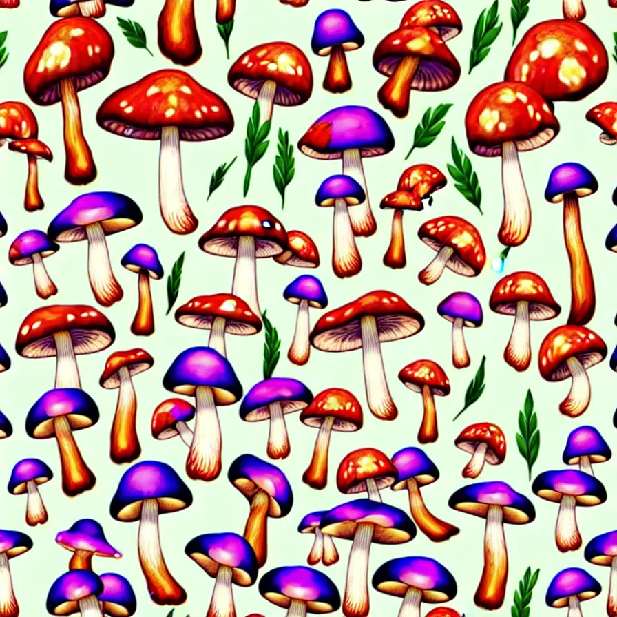 Image similar to plethora of mushroom characters and mycelium, vivid natural color hues and natural surroundings, colorful painted patterns and motifs on mushrooms, seamless fabric pattern 8K, highly detailed.