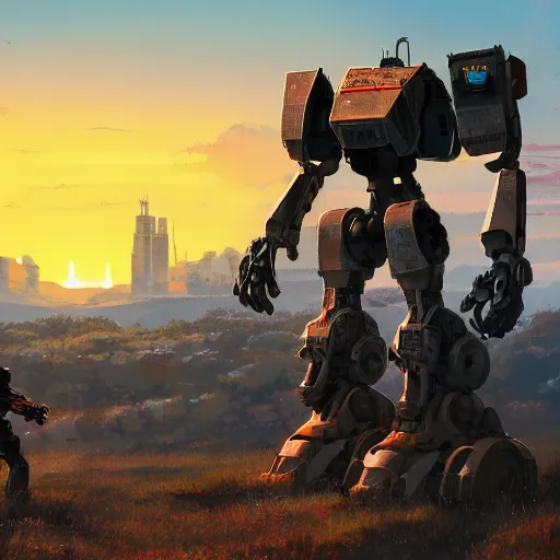 Image similar to Realistic giant mechwarrior robot and the sunset in the distance, by Josan Gonzalez and Geof Darrow, highly detailed, Unreal Engine Render, 3D, 8k wallpaper