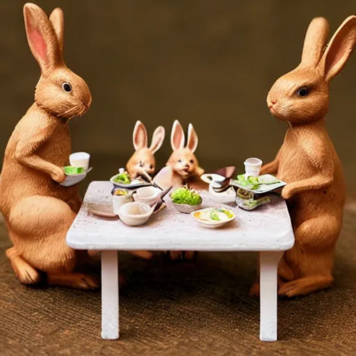 Image similar to A diorama of a bunny family sitting around the table having dinner