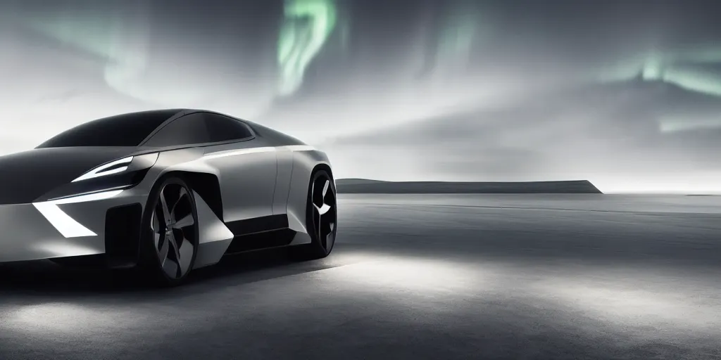 Prompt: a design of a futuristic vehicle, designed by Polestar, northern lights background, brushed rose gold car paint, black windows, dark show room, dramatic lighting, hyper realistic render, depth of field