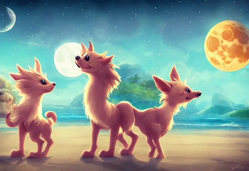 Image similar to cute magical fantasy animals at a beach looking at the moon, ultra realistic, concept art, highly detailed