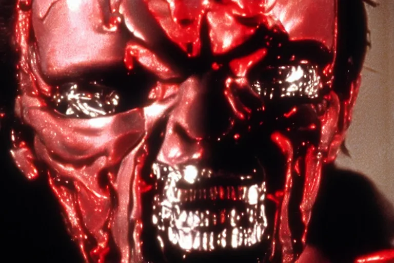 Image similar to Jack Nicholson plays Terminator, his one yes glow red, scene where his endoskeleton is exposed, still from the film