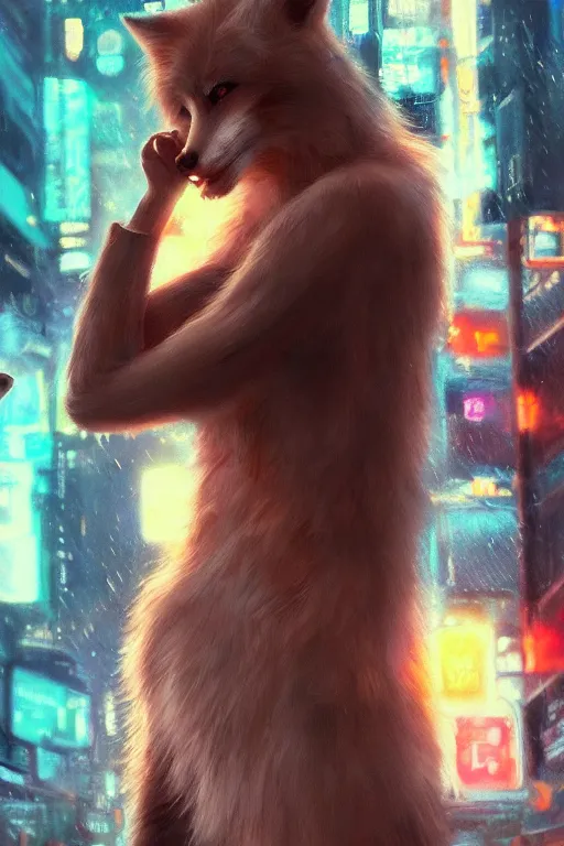 Prompt: beautiful portrait of a tall white female anthro fox smoking a cigarette towering head and shoulders above the bustling crowd of a rainy city street around her, cyberpunk clothes, harsh neon lights, highly detailed, sharp focus, digital painting, illustration, trending on artstation, art by sakimichan, wlop, greg rutkowski