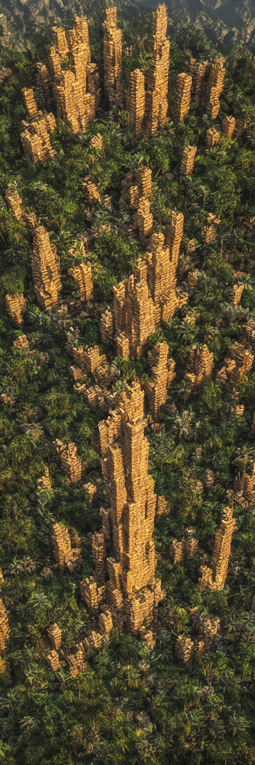 Image similar to photo of vertical golden tower, stacked ancient village, arid mountains and lush palm forest, photo realism, sharp focus, octane