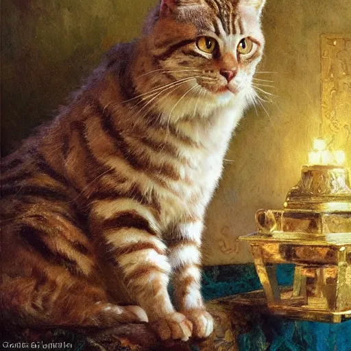 Image similar to detailed portrait of garfield the cat in royal palace, spring light, painting by gaston bussiere, craig mullins, j. c. leyendecker