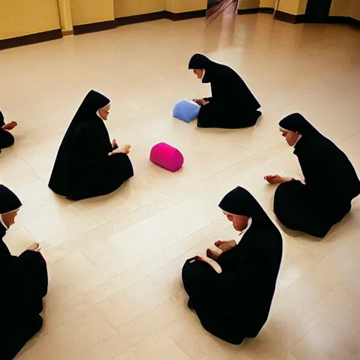 Image similar to photo of nuns playing twister in a sanctuary —width 1024 —height 1024