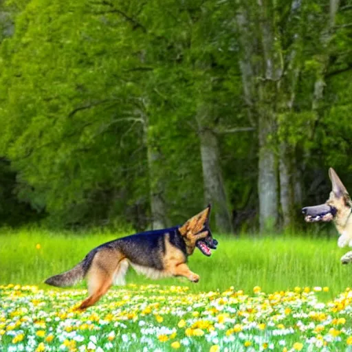 Image similar to German shepherd dog and bunny running in a field with daisies, trees in the distance with sun blue skies a couple of clouds