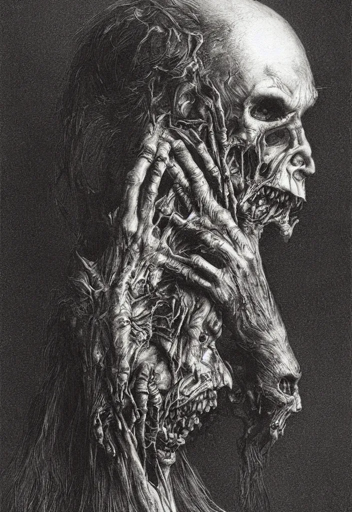 Image similar to profile portrait of a zombie, creepy atmosphere, dark, portrait, very realistic, illustration by gustave dore