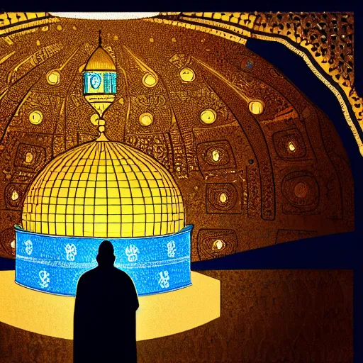 Image similar to a beautiful illustration of dome of the rock jerusalem and a silhouette of a muslim is praying in front of it, intricate, elegant, glowing lights, highly detailed, digital painting, artstation, concept art, smooth, sharp focus, illustration, flat background