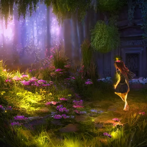 Prompt: fairy glowing magically at night concept art, realistic garden, beautiful, glorious, matte painting, highly detailed, trending on artstation, 4 k, rendered in octane, unreal engine