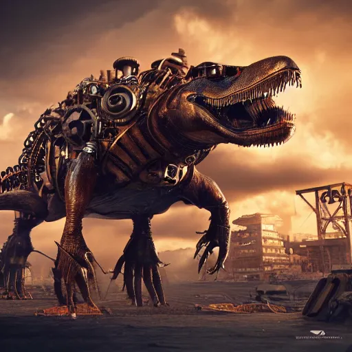 Prompt: A steampunk tyrannosaurus, cogs and wheels, mechanical hydraulics, epic composition, cinematic lighting, 8k, octane render, trending on ArtStation