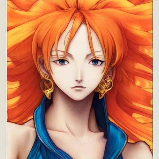 Image similar to intricately detailed vfx portrait of nami from one piece by eiichiro oda, makoto shinkai, alphonse mucha, art by artgerm and greg rutkowski, best of behance, concept art, matte, sharp focus, orange hair, elegant, adolphe bouguereau, annie leibovitz, stanley kubrick, hdr,