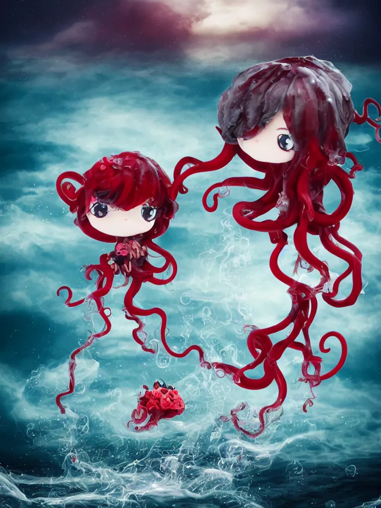 Prompt: cute fumo plush chibi gothic octopus maiden princess boy washing his hair in the waves of the wavering dark galactic abyss, long black and red ruffled intricate dress with ribbons, ocean wave thunderstorm and reflective splashing water, wisps of smoke and haze and volumetric fog, ocean simulation, vignette, vray