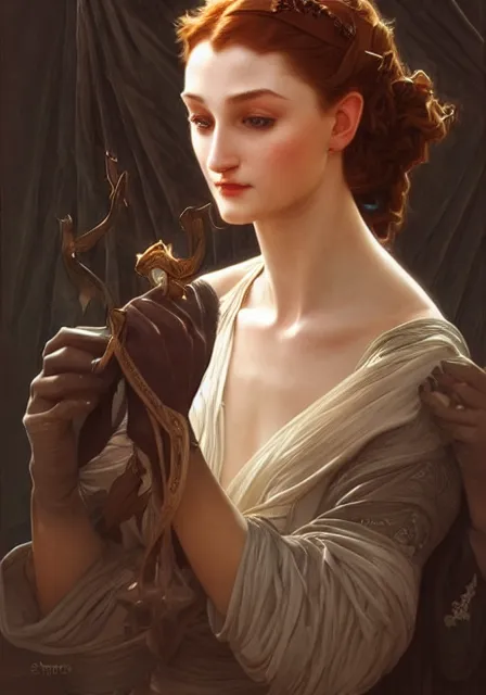 Prompt: sansa witch long nose, intricate, elegant, highly detailed, digital painting, artstation, concept art, smooth, sharp focus, illustration, art by artgerm and greg rutkowski and alphonse mucha and william - adolphe bouguereau