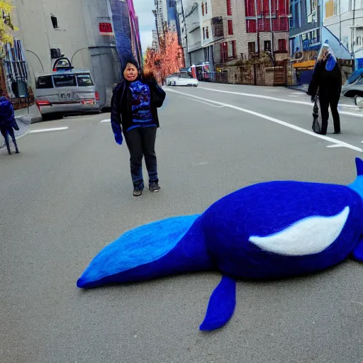 Prompt: photo of a life sized needle - felted blue whale crossing the street