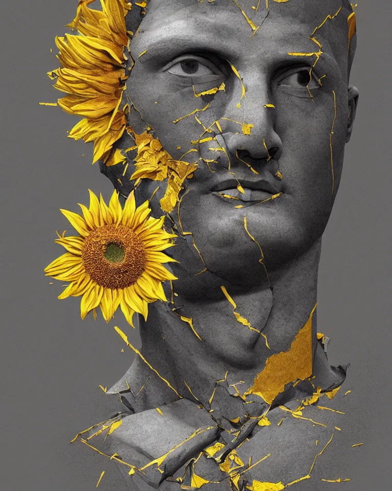 Prompt: symmetrical painting of a fractured obsidian greek statue of a sunflower fixed with kintsugi, rendered in octane trending on cgsociety. extremely detailed and intricate art