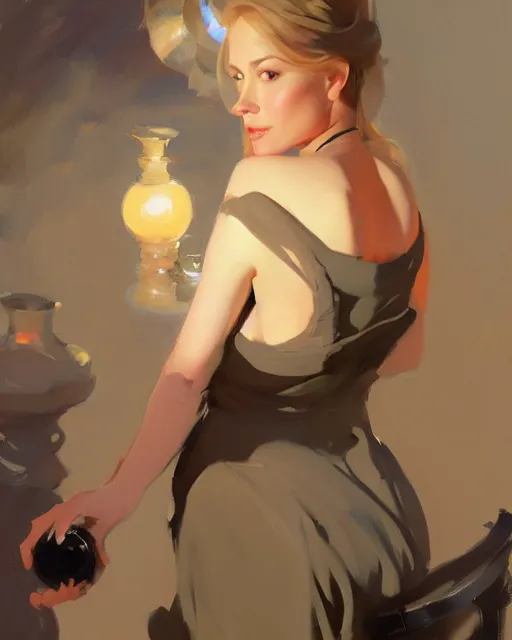 Image similar to portrait of beautiful gorgeous captivating finnish norwegian swedish glamour model wearing in dress on shoulders with black jars in hands, jodhpurs greg manchess painting by sargent and leyendecker, studio ghibli, close - up shot rim light asymmetrical illustration hearthstone, by greg rutkowski by greg tocchini by craig mullins