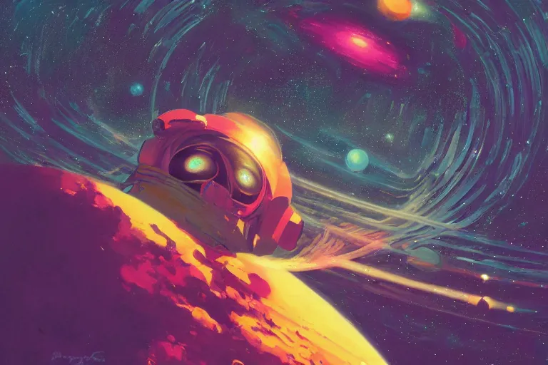 Prompt: digital painting of an astronaut floating in space, by paul lehr and vincent di fate, detailed, intricate, sharp focus, symmetry, sci fi, futurism, fantasy, neon lights, galaxies, stars, space, artstation, cinematic lighting, trippy, psychedelic art