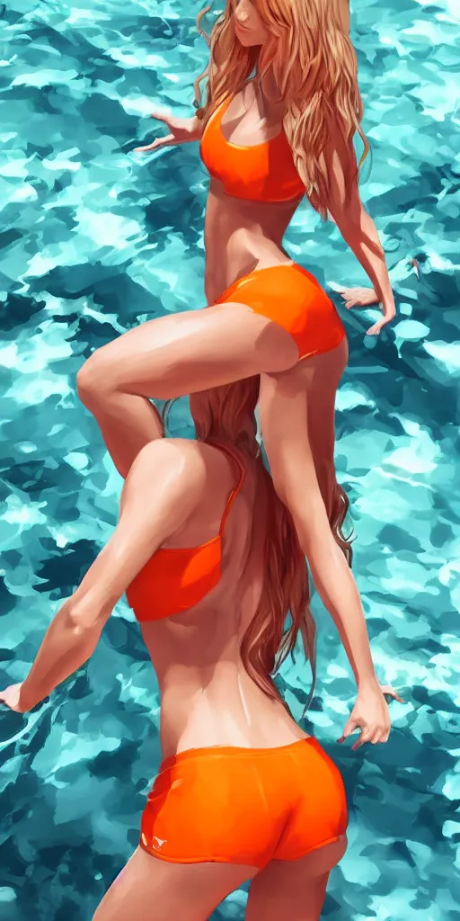 Prompt: a beautiful, very fit woman with long blonde hair wearing a white crop top and orange athletic shorts stands by a swimming pool, in the style of artgerm, trending on artstation