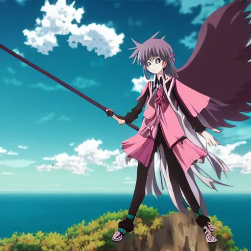 Prompt: Kyaru Momochi with staff stands on a cliff, anime